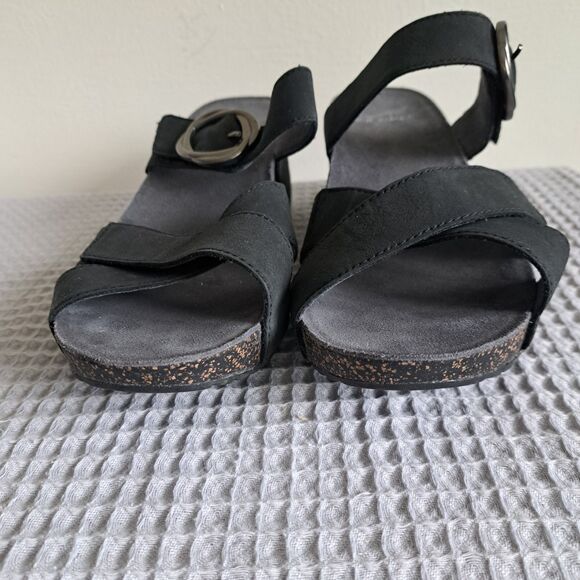 Dansko Black Wedge Sandals with Silver Buckle - Picture 8 of 16